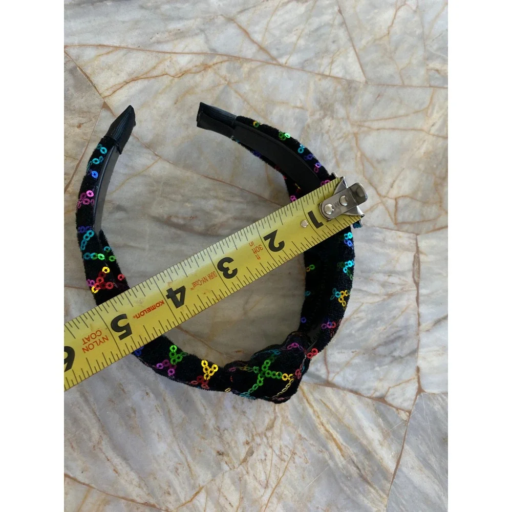 Black Velvet Rainbow Sequin Lattice Knotted Headband Top Knot Hair Accessory